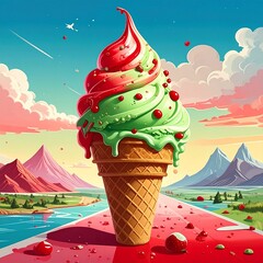 Colorful ice cream cone against a scenic landscape with mountains and clouds