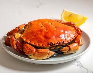 Cooked crab dish with lemon slice on plate against white background