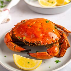 Cooked crab on plate with lemon wedge seafood delicacy cuisine concept