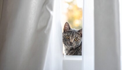 Curious cat peeking through window opening interior daylight scene