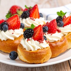 Delicious pastries with berries and cream on white plate closeup