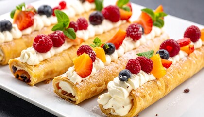 Delicious pastries with cream and fresh berries on a white plate
