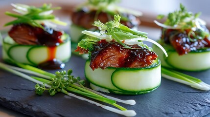 Close up of cucumber wraps with meat and sauce on a black slate serving platter presentation