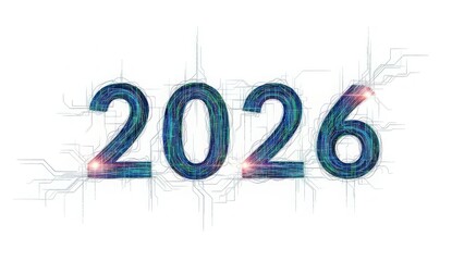 Futuristic digital year 2026 with circuit lines and glowing effects, isolated on white background