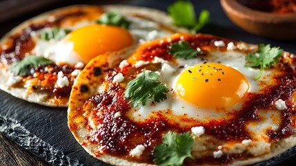 Close up of huevos rancheros on a black slate plate with cilantro and a wooden bowl in the background