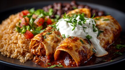 Close up of enchiladas with rice beans salsa and sour cream on a dark plate ready to be served