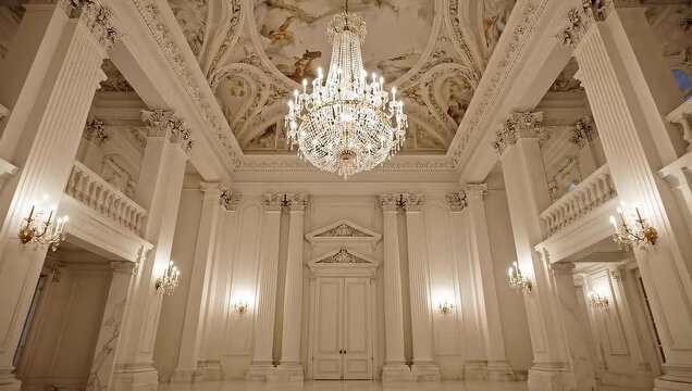 Grand Ballroom Interior with Ornate Chandelier and Columns.