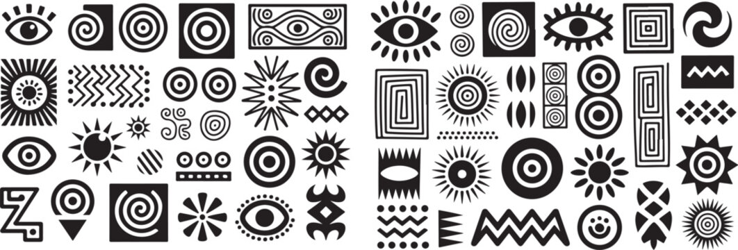 Assorted tribal ethnic patterns and symbols like eyes suns spirals squares zigzags and geometric shapes