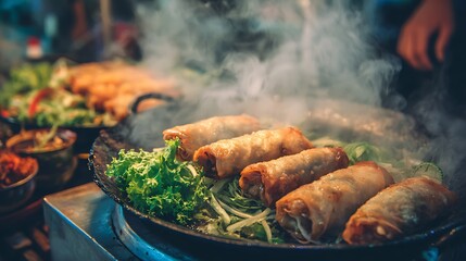 Close up of steaming spring rolls on a plate with lettuce and other dishes in the background