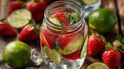 A mason jar filled with strawberry lime infused water alongside fresh strawberries and limes on wood
