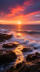 Vibrant sunset over rocky ocean shore with waves crashing against the stones
