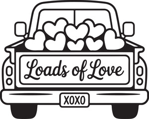Outline illustration of a retro pickup truck rear view filled with hearts and showing xoxo license plate
