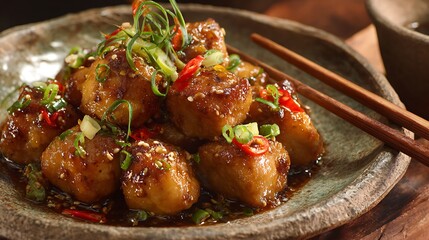 A plate of glazed tofu with sesame seeds and chili peppers garnished with green onions and chopsticks