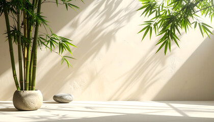 A simple scene with bamboo leaves and stones on a white wall