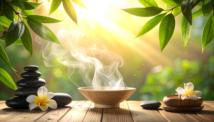 zen stones and bamboo and hot drink