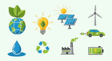 Vibrant vector icons set for eco-friendly sustainable energy environmental conservation and green technology concepts.