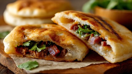Close up of two delicious stuffed flatbreads cut in half on a wooden board with green garnish