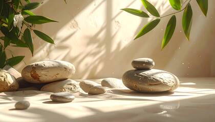 A landscape of stones and leaves placed in the spa