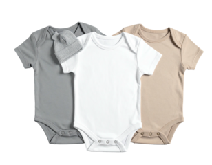 Three baby bodysuits, neutral colors, infant clothing