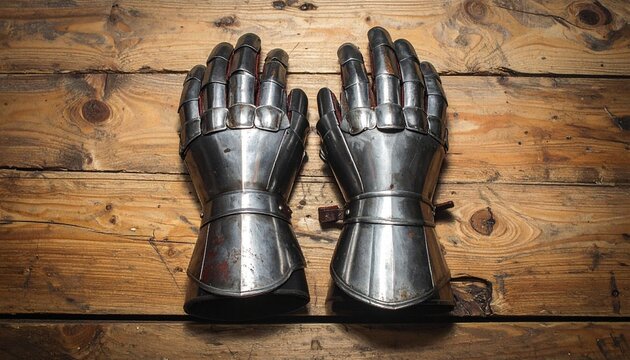 A pair of articulated medieval metal gauntlets rest on a wooden surface, showcasing segmented craftsmanship and historical armor design in a close-up view with dramatic lighting.