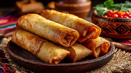 Stack of golden brown taquitos on a wooden plate with salsa and cilantro in the background