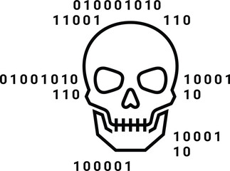 Conceptual Outline Vector Illustration of a Human Skull with Binary Code for Cybercrime Hacking Data Breach Security Threat and Malware Warning Design Elements