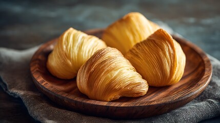 Four sfogliatella pastries on a wooden plate with a gray linen cloth in a close up shot