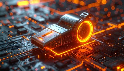 Futuristic cyber security concept showing a glowing digital padlock embedded in a high-tech circuit board, neon orange light effects symbolizing data protection, encryption, and network security.