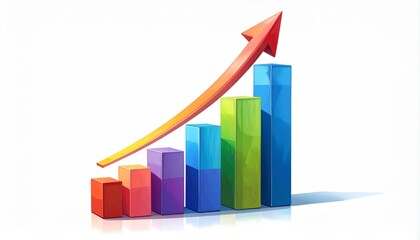 Futuristic financial growth chart with colorful rising bars and upward arrow against a city skyline at dusk, symbolizing business success, progress, and economic growth.