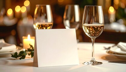 Elegant place setting with blank greeting card and wine glass, perfect for wedding or special event