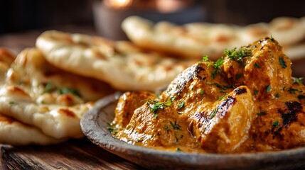 A close up shot of chicken tikka masala with naan bread on a wooden surface in a warm light setting