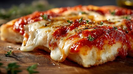 Close up of a pizza slice with melted cheese and tomato sauce on a wooden cutting board surface