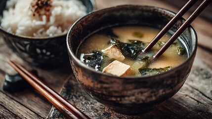 A bowl of miso soup with tofu and seaweed next to a bowl of rice with chopsticks on a wooden surface