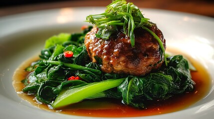 A savory meatball dish with vibrant green vegetables and a rich sauce on a white ceramic plate
