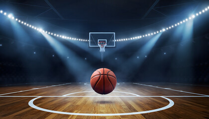 A basketball sits on the free throw line circle of a dimly lit indoor basketball court with a hoop and bright overhead spotlights shining down.