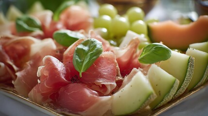 Close up of prosciutto with melon and grapes garnished with fresh basil leaves on a platter dish
