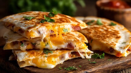 A stack of cheesy quesadillas on a wooden board with salsa and cilantro garnish on a wooden surface