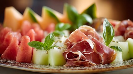 A close up of a plate of melon prosciutto and basil with cantaloupe and watermelon slices