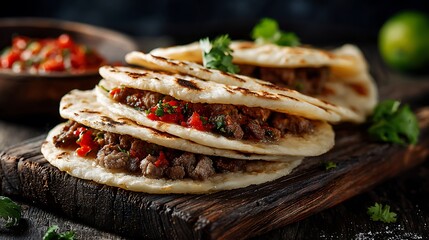 Stack of delicious looking tacos filled with meat and salsa on a rustic wooden serving board