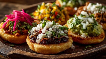 A close up shot of a wooden plate filled with various colorful mexican sopes with different toppings