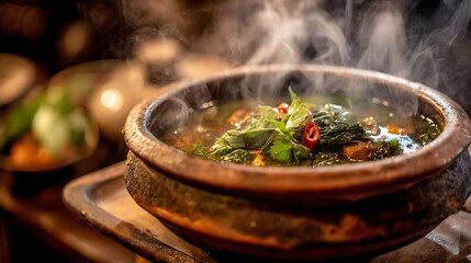 Close up of steaming soup in a rustic bowl with greens and red peppers on a wooden surface
