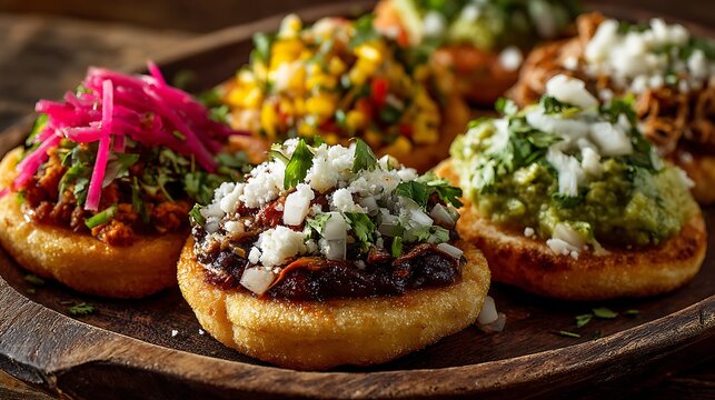 A close up shot of a wooden plate filled with various colorful mexican sopes with different toppings