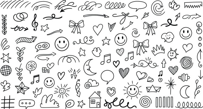 A large set of hand drawn doodle icons featuring smileys, hearts, arrows, and other whimsical symbols