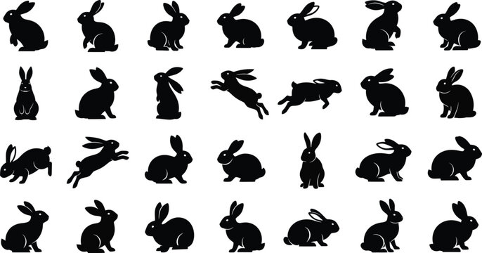 A large collection of rabbit silhouettes in various poses and positions