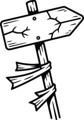 Broken Wooden Signpost Illustration, Rustic Direction Board Line Art.