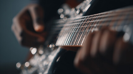 Fototapeta premium guitar strings closeup, playing electric guitar macro, music instrument detail 