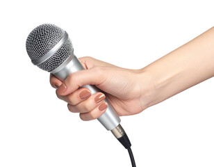 Woman's hand holding silver microphone on black background