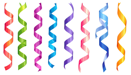 Spiraling colored ribbons, festive streamers on black