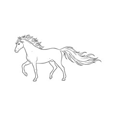 Obraz premium Elegant line art illustration capturing the dynamic movement of a trotting horse with a magnificent, flowing mane and tail, perfect for equestrian designs, decorative elements, or animal-theme.