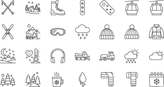 Minimalist winter sports line icon set featuring skiing equipment, snowboard, mountain cabin, snowmobile, cable car lift, warm clothing, and weather forecast symbols.